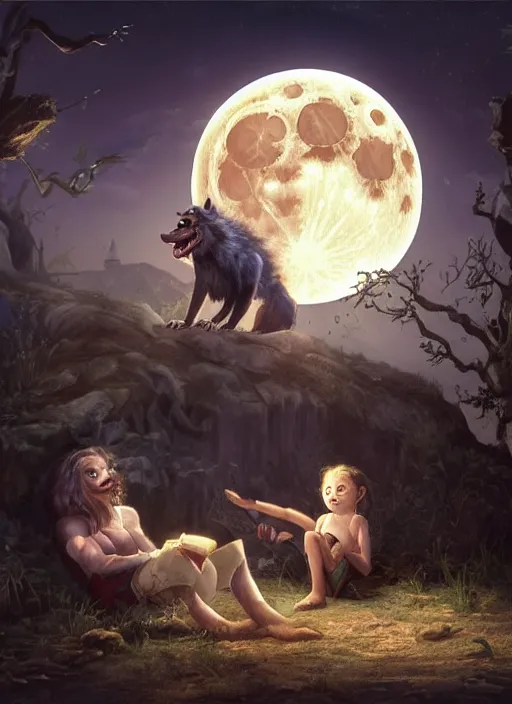 Image similar to a werewolf and a human child sitting next to each other, looking at the moon, fantasy art, matte painting, highly detailed