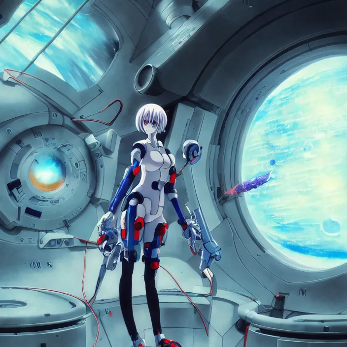 Image similar to Female Anime Character rei ayanami cyborg, giygas, epcot, inside a space station, eye of providence, Beksinski Finnian vivid Wojtek William to eye, hellscape, mind character, Environmental occlusion theme Jia, a William mans character, Artstation station female hyperdetailed with , rei ayanami