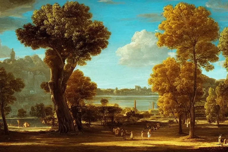 Image similar to beautiful city landscape with oak trees, mythology, fantasy, landscape background, vivid colors, digital painting, very detailed, realistic, high quality, by claude lorrain
