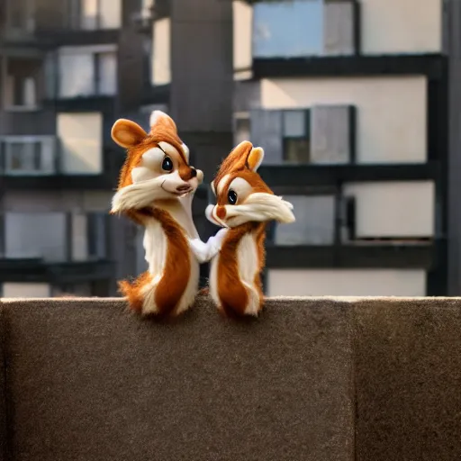 Image similar to realistic macro photo of Chip and Dale smoking, winter, brutalist houses at the background