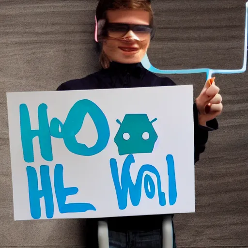 Image similar to a robot holding a sign that reads 'hello world'