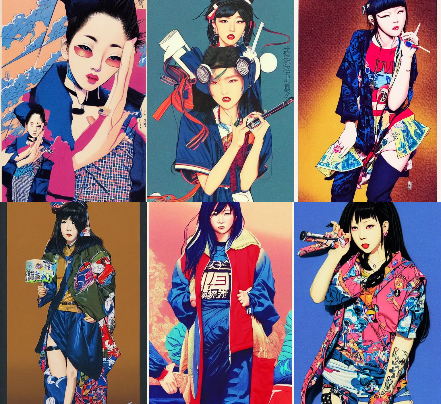 Prompt: cool female japanese rapper wearing modern street-wear, art by Greg Hildebrandt