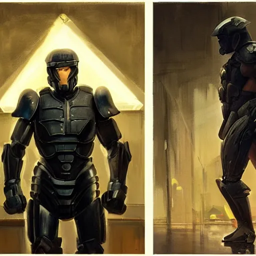 Image similar to sylvester stallone in cyber spartan armor, tech noir, wet reflections, prism, atmospheric, ambient, pj crook, syd mead, livia prima, greg rutkowski, edward hopper