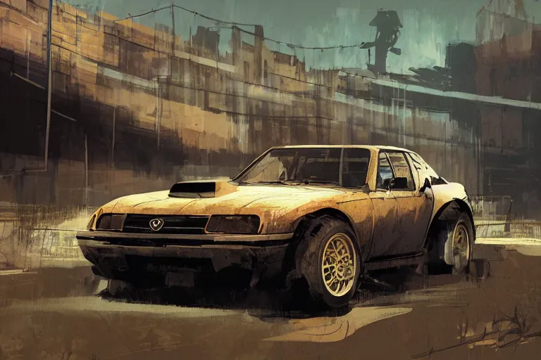 Image similar to digital illustration of mad max's toyota mr 2 pursuit special, by makoto shinkai, ilya kuvshinov, lois van baarle, rossdraws, basquiat