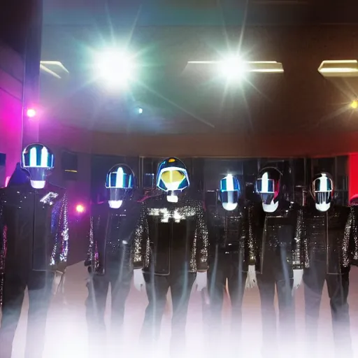 Prompt: a photo of a parade of people dressed in Daft Punk Helmets and Daft Punk Suits, 8k, dramatic lighting