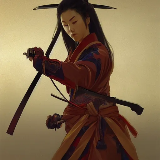 Image similar to female Samurai wielding a katana, highly detailed, digital painting, artstation, concept art, sharp focus, illustration, cinematic lighting, art by artgerm and greg rutkowski and alphonse mucha