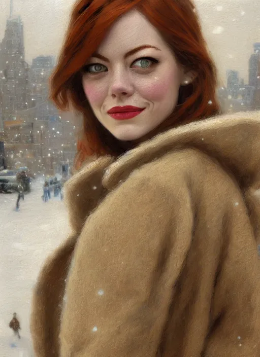 Image similar to emma stone in beige coat, close up, winter new york, snow, artwork by gaston bussiere, craig mullins, trending on artstation