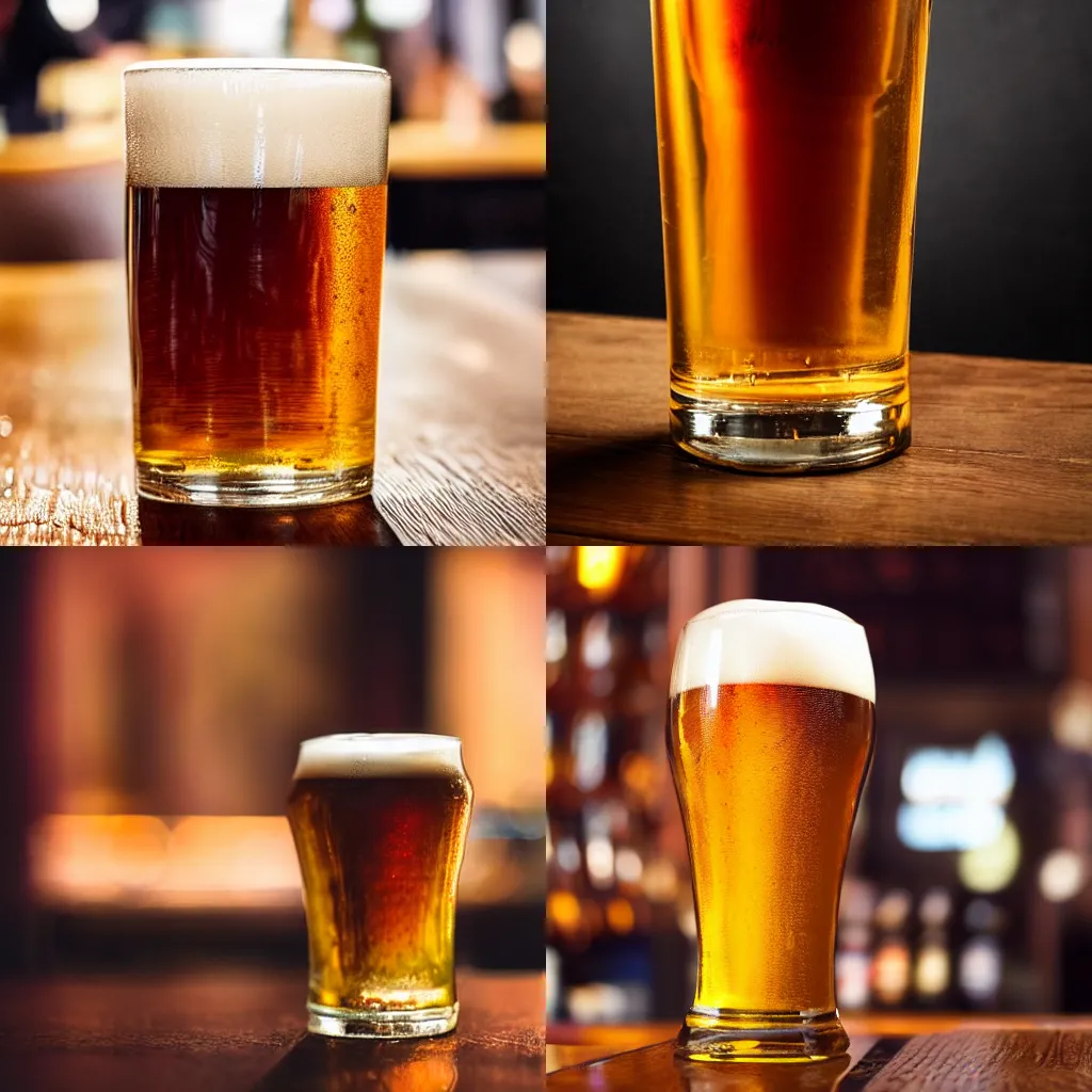 Prompt: close up of a long glass of beer on an oak surface of a bar in a cafe, warm colors, dark background, high contrast, hyperdetailed, hyperrealistic