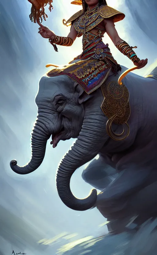 Image similar to magic tribal ethnic asian female, riding a war elephant, contrast lightning, deep focus, d & d, fantasy, intricate, elegant, highly detailed, digital painting, artstation, concept art, matte, sharp focus, illustration, hearthstone, art by artgerm and greg rutkowski and alphonse mucha