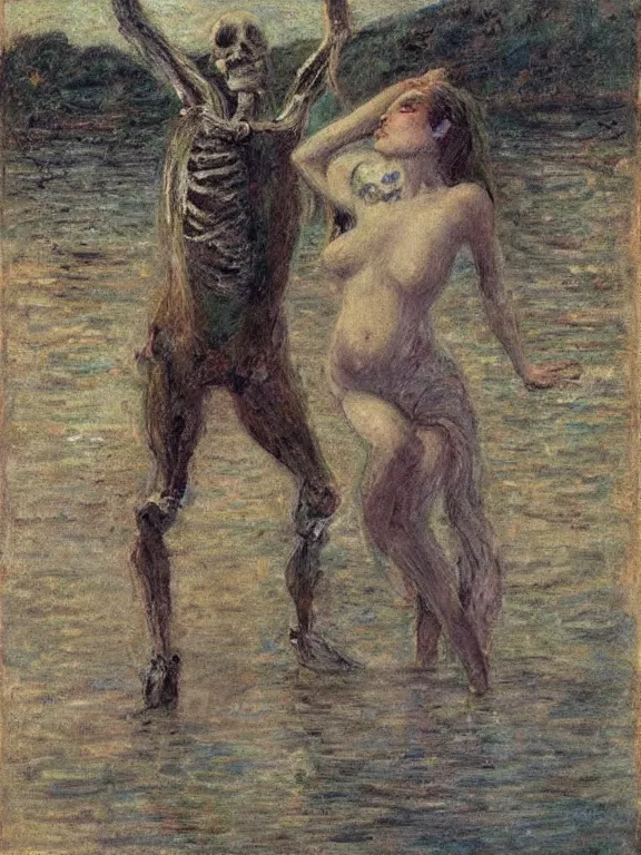 Image similar to young man's skeleton dancing with a long-haired drowned woman, pale, dark background, impressionism