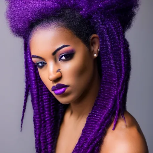 Image similar to a realistic model photoshoot of a black girl with purple afro hair, beautiful, model, professional picture, realistic, 4 k, bright light, portrait