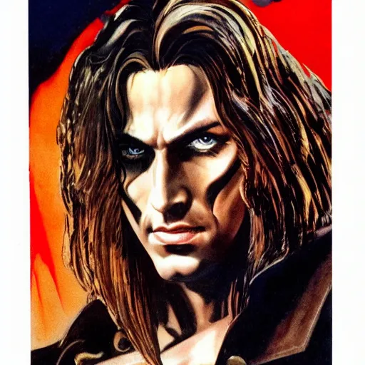 Image similar to photorealistic picture, by bob peak and alex ross, castlevania movie poster in 1 9 9 4, gouache and wash paints, fine details, fine intricate, fine facial proportionate, fine body proportionate, fine fix broken line, fine fix duplicate line, smooth focus, sharp details, bokeh, 4 k, 5 k extreme ly details