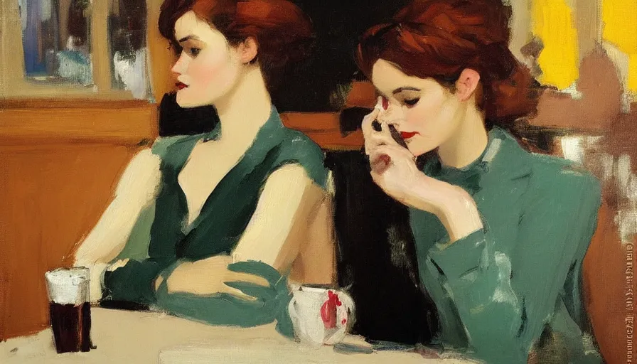 Prompt: painting by malcolm t liepke, young woman in cafe, detailed, stunning