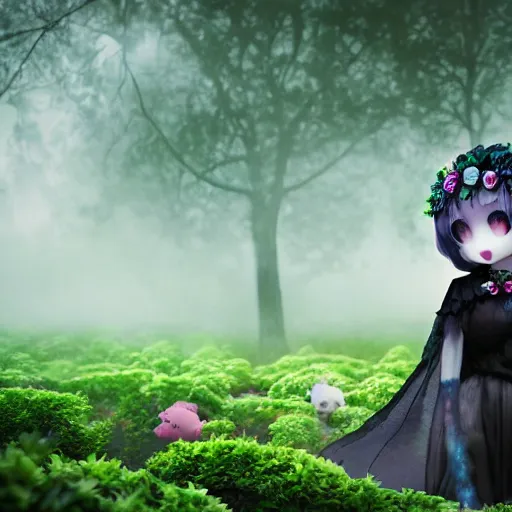 Image similar to cute fumo plush girl among vines in the middle of a foggy dark cursed rose garden under a blue sky, beautiful glowing ethereal gothic magical wraith fairy girl with dark eyes, horns, sheep girl, anime, tattered dress, bokeh, vray