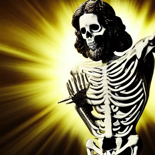 Image similar to Jesus Christ as skeleton inside an epicenter of a thermonuclear blast standing on the Earth sphere with radioactive rays to the sides, insane detail, photorealistic ultra high definition cinematic scene, sony a7r, 35mm