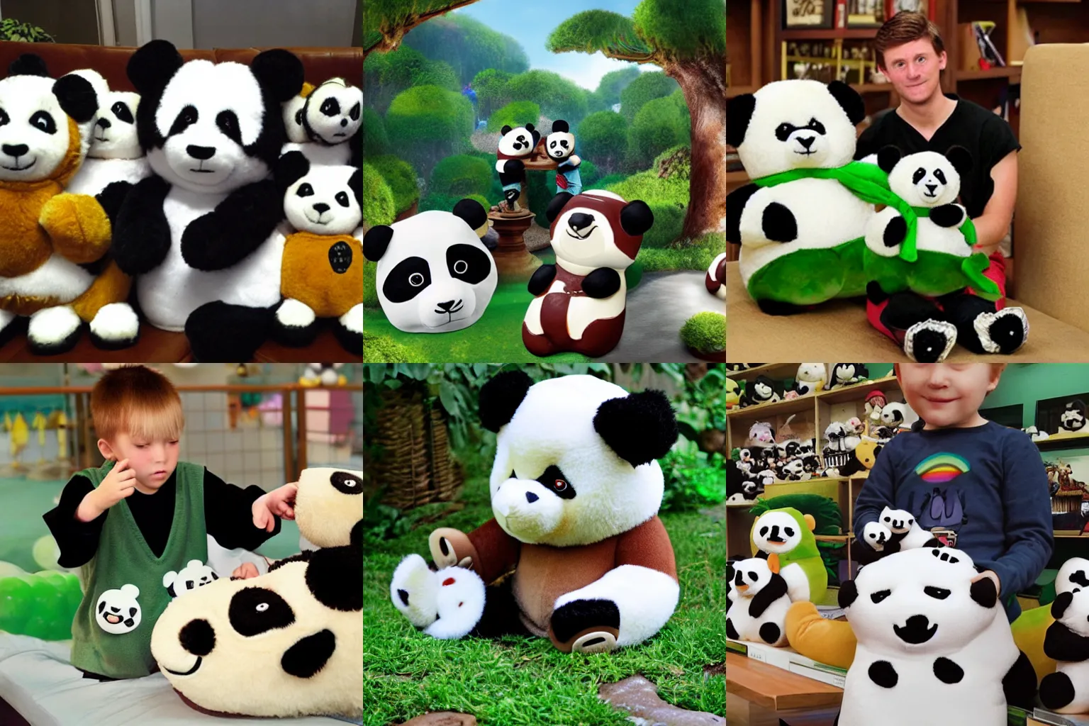 Prompt: a magical land where stuffed toy pandas torment young caucasian men with brown hair and green eyes