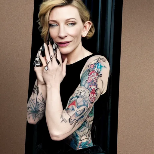 Image similar to full body tattooed cate blanchett, nose ring, 4k