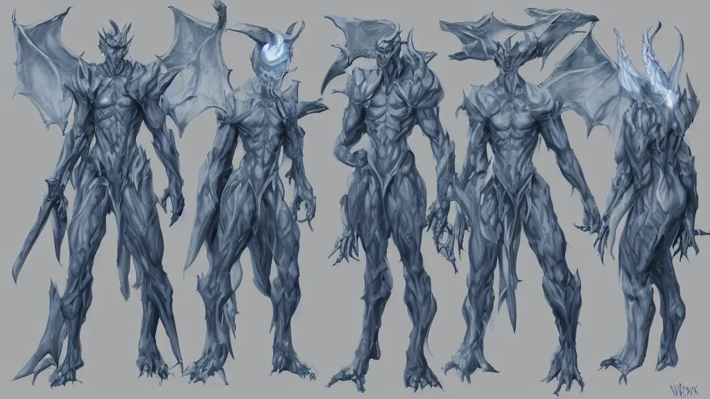 Image similar to a fantasy white and pale blue draconian demon with bright eyes character design sheet, trending on artstation