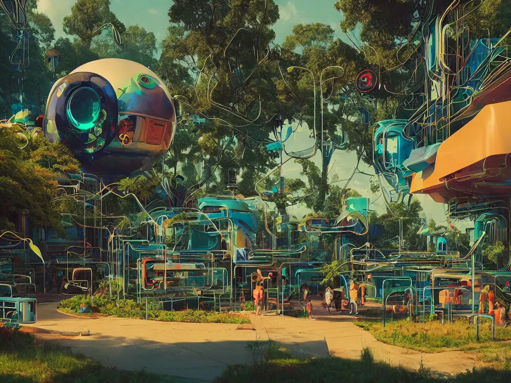 Image similar to 80s futuristic outdoor retro arcade, desolate, lush vegetation:: Simon Stålenhag and beeple and James Gilleard and Justin Gerard :: ornate, dynamic, particulate, intricate, elegant, highly detailed, centered, artstation, smooth, sharp focus, octane render, 3d