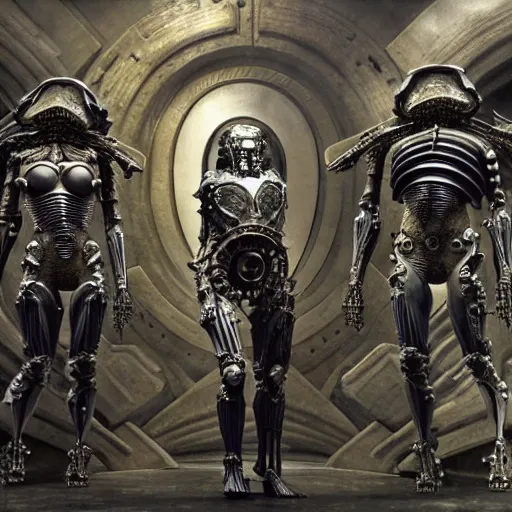 Image similar to still frame from Prometheus movie by giger, necron lord editorial by Malczewski, biomechanical armoured knight by Wayne Barlowe, ornate elaborate complex artifact of death