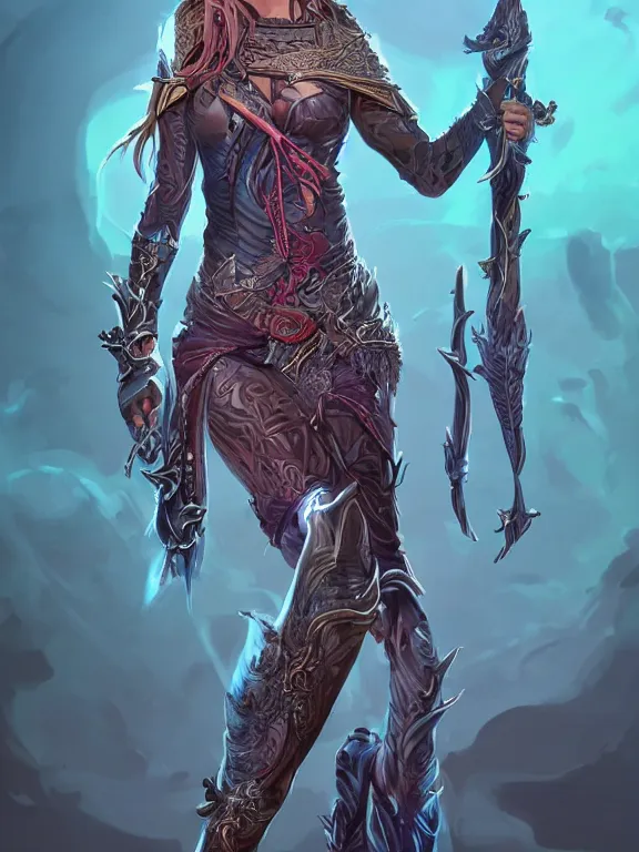 Image similar to full body front view portrait of a female elven pirate, character design, correct anatomy, concept art, digital illustration, ray tracing, ultra detailed, fantasy, neon lighting, intricate and highly detailed, coloured with lots of colour, pose, fantasy, sharp focus,