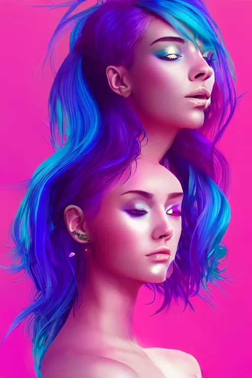 Image similar to a award winning half body porttrait of a beautiful woman in a croptop with ombre purple pink teal hairstyle with head in motion and hair flying, outrun, vaporware, shaded illustration, digital art, trending on artstation, highly detailed, fine detail, intricate