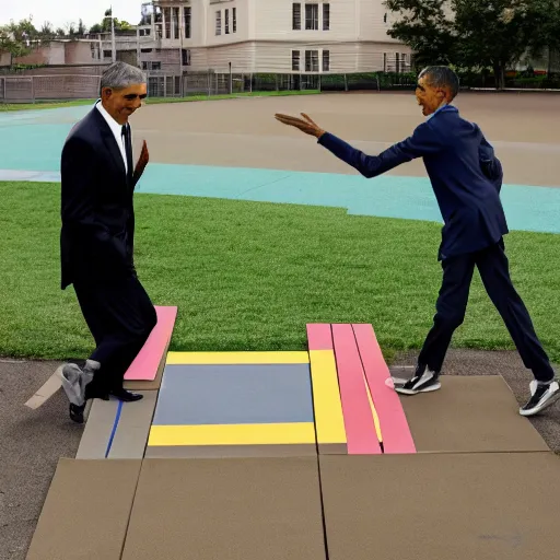 Prompt: Barack Obama and Michael Stevens playing hopscotch on an elementary school playground, award-winning photo, 8k