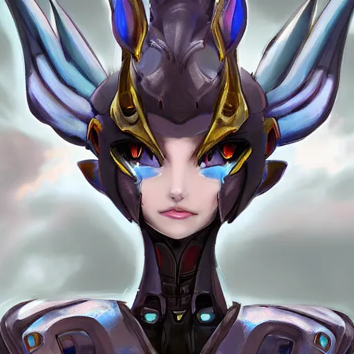 Image similar to epic concept art of a close bust shot of a cute and beautiful anthro female robot dragon standing in front of the camera, has two adorable blue eyes on a smooth draconic head with two horns, a sleek yet elegant design, with two big epic wings behind her, two arms, the background is of the beach at night; high quality digital art, artstation, deviantart, furaffinity, high quality detail