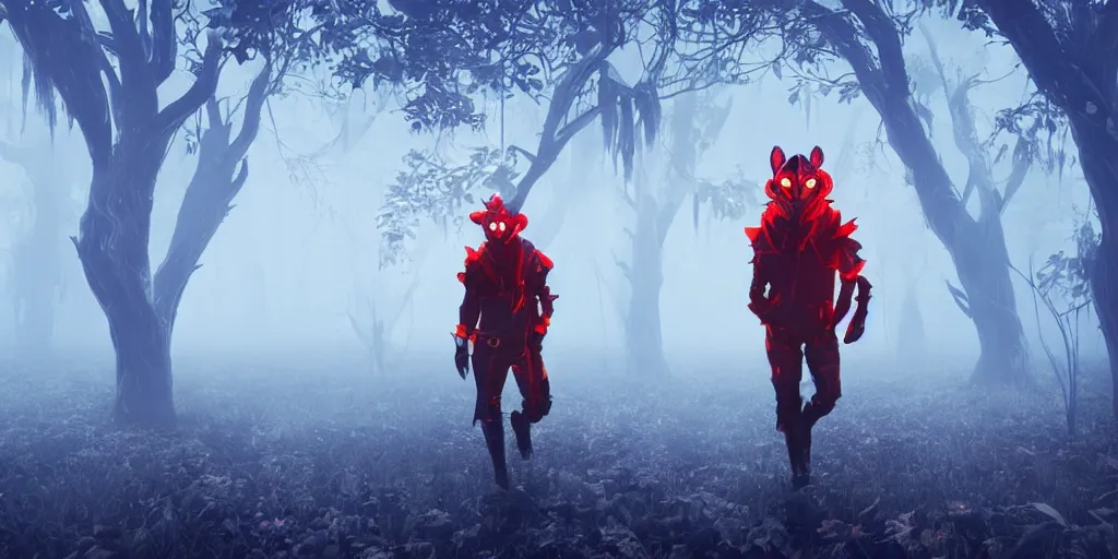 Image similar to a beautifully strange image of a gamekeeper wearing a solarpunk mechanical fluorescent mystical animal mask and red hoods. walking in the misty swamp. in style of fornite game. award winning. dramatic. trending on artstation. high quality. rendered by beeple, digital art, unreal engine 5, fornite game. octane render