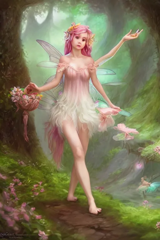 Prompt: a cute fairy in the dreamy forest, fantasy, 8 k resolution, hyper detailed, d & d, character design, digital painting, trending on artstation, sharp focus, illustration, art by artgerm, steve zheng, fuji choko, viktoria gavrilenko, hoang lap