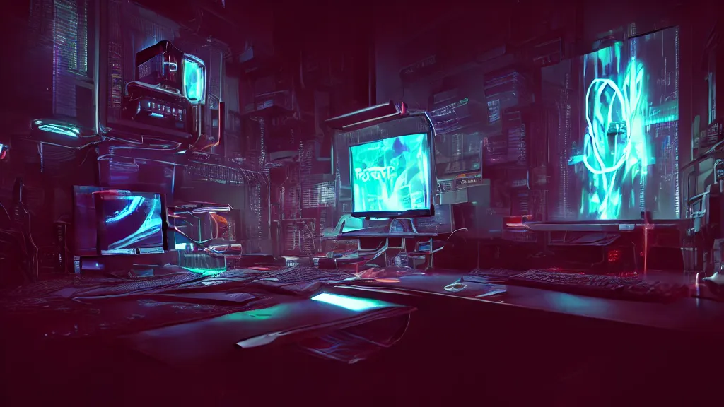 Image similar to a cyberpunk overpowered computer. Overclocking, watercooling, custom computer, cyber, mat black metal, orange neon stripes, alienware, futuristic design, Beautiful dramatic dark moody tones and lighting, Ultra realistic details, cinematic atmosphere, studio lighting, shadows, dark background, dimmed lights, industrial architecture, Octane render, realistic 3D, photorealistic rendering, 8K, 4K, computer setup, highly detailed, desktop computer, desk, table