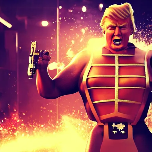 Image similar to Donald Trump as Duke Nukem, splash art, movie still, cinematic lighting, dramatic, octane render, long lens, shallow depth of field, bokeh, anamorphic lens flare, 8k, hyper detailed, 35mm film grain