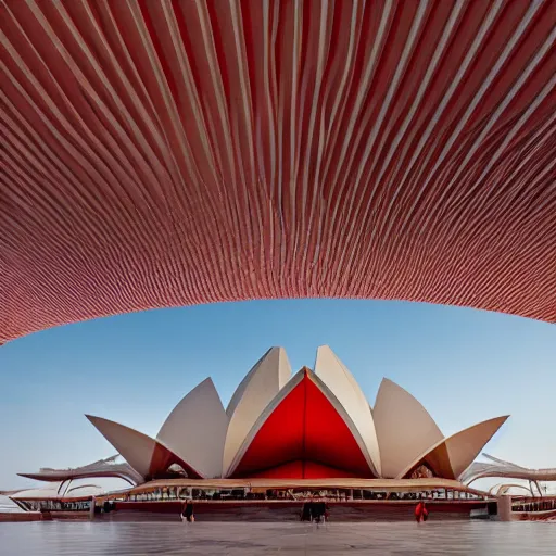 Image similar to futuristic lotus temple space station with gold, red and white marble panels, by santiago calatrava, intricate contemporary architecture, photo journalism, photography, cinematic, national geographic photoshoot