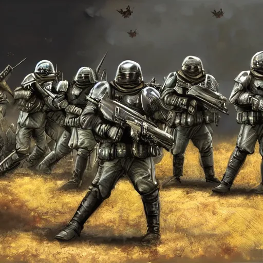 Prompt: Imperial Guard soldiers several people are holding the defense against a swarm of terranids, super quality,4k Artist - Phil Moss