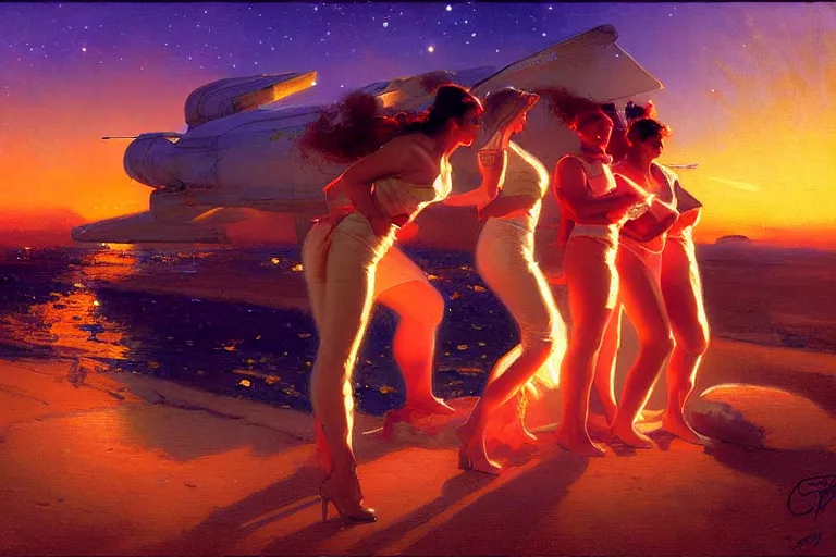 Prompt: stunning female astronauts, sunset, neon light, painting by gaston bussiere, craig mullins, j. c. leyendecker