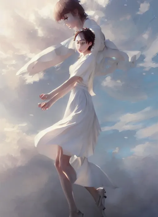 Image similar to a girl with elegant white dress, digital art by krenz cushart, laurie greasly, wlop, artgerm, intricate, ( highly detailed figure ), sharp focus, smooth, epic composition, joyful, unreal engine