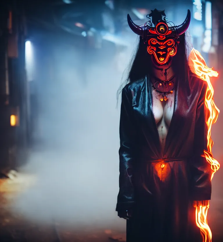 Image similar to a photo close up cyberpunk woman, wearing demon mask, fire dance in cyberpunk dirty alley, smoke mist rain, cyberpunk gunma prefecture, midnight, photorealistic, cinematic color, studio lighting, highly detailed, bokeh, style by tomino - sama