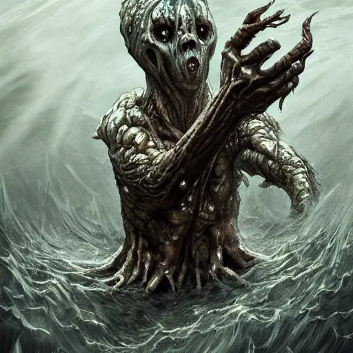 Prompt: creepy humanoid merfolk monster, slimy, wet, disturbingly long fingers, crawling up from shallow water, atmospheric, highly detailed, illustration, concept art, scary