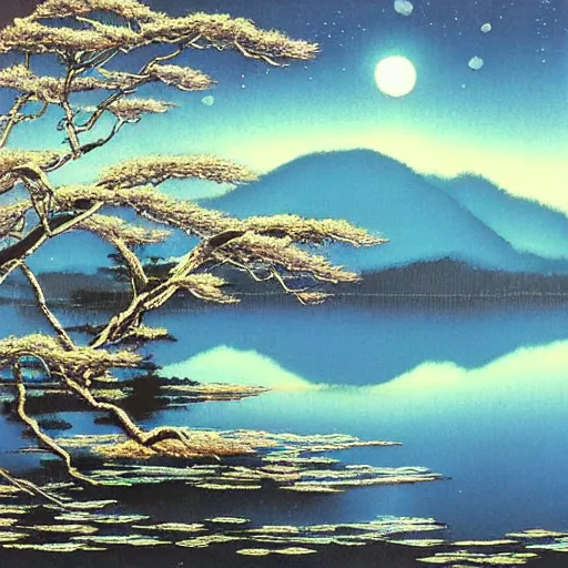 Image similar to a moonlit lake. by yoshitaka amano.