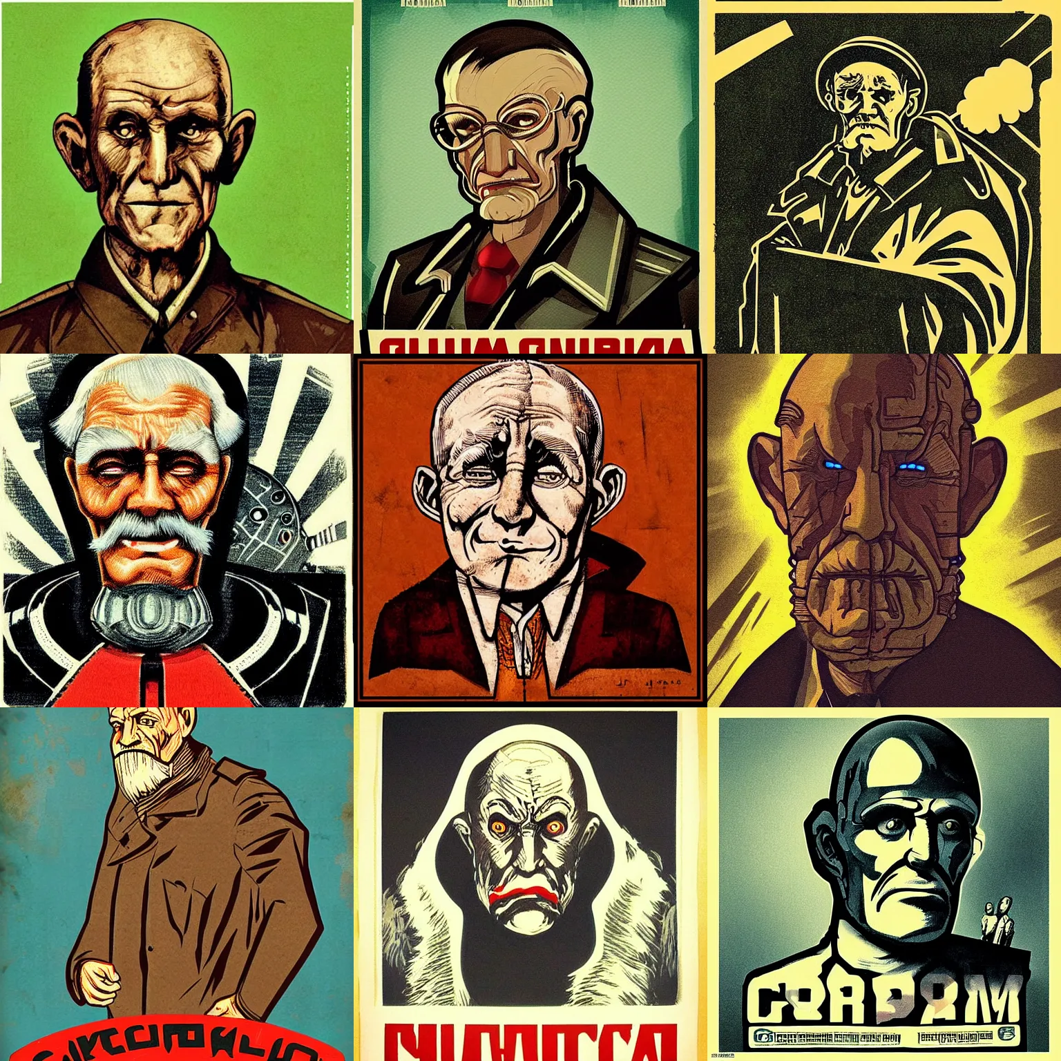 Prompt: “detailed illustration of cyborg old man Russian propaganda poster”