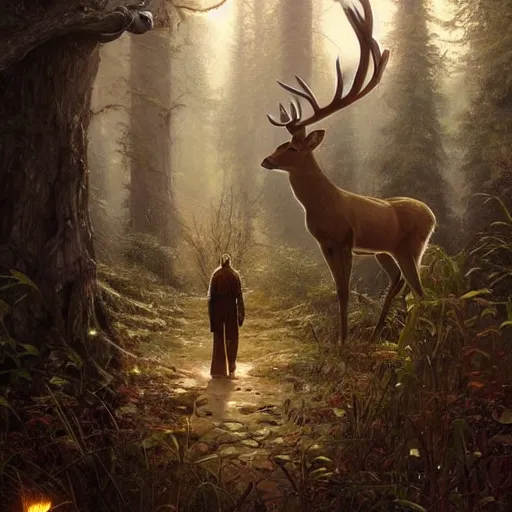 Image similar to a beautiful landscape including a tree of life, a stealthy hunter walking towards a magnificiant deer witha golden antlers, deep focus, intricate, elegant, highly detailed, digital painting, artstation, concept art, matte, sharp focus, illustration, art by artgerm and greg rutkowski and alphonse mucha