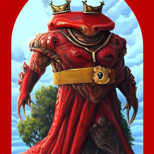 Image similar to painting of a large anthropomorphic crocodile with one of its eyes bloodshot wearing a crown, a red cape and a large golden chestplate over its stomach, trending on artstation