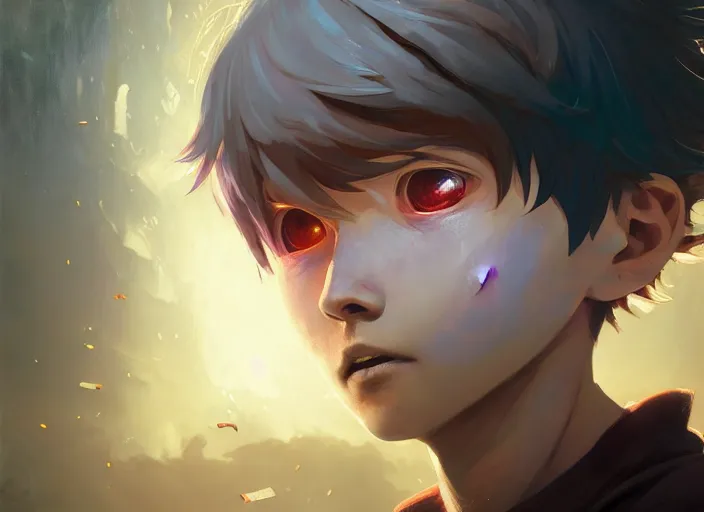 Image similar to highly detailed portrait of a boy with thunder powers, in tokyo ghoul, stephen bliss, 8 k, unreal engine, fantasy art by greg rutkowski, loish, rhads, ferdinand knab, makoto shinkai and lois van baarle, ilya kuvshinov, rossdraws, tom bagshaw, global illumination, radiant light, detailed and intricate environment