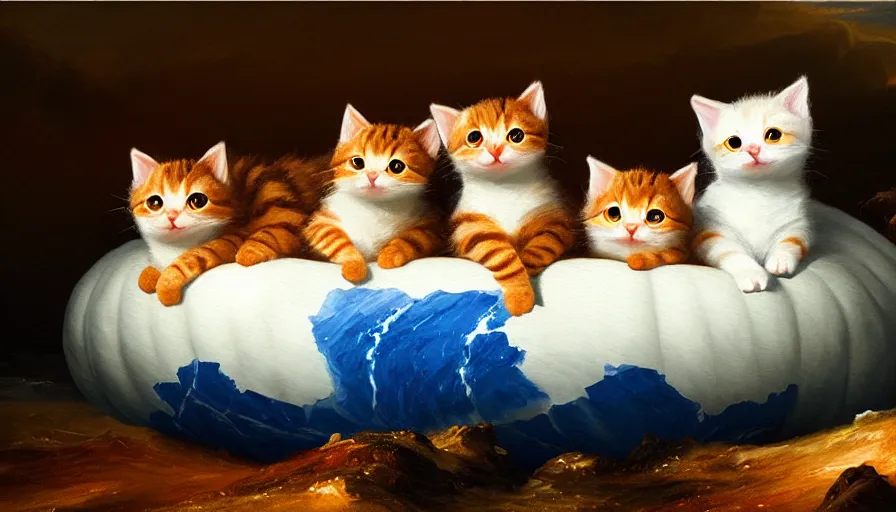 Image similar to highly detailed painting of cute baby furry pumpkin kitty cats on a blue and white iceberg by william turner, by greg rutkowski, by william constable, thick brush strokes and visible paint layers, 4 k resolution