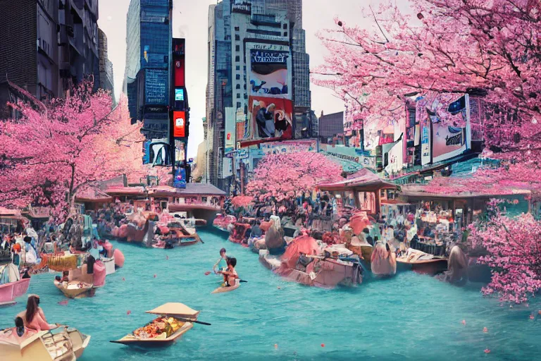Image similar to floating markets of times square river in kyoto kamo turquoise and pink river during sakura season on thermal waters flowing down white travertine terraces during interstellar aurora borealis, gold waterfalls, vendors, festivals, fun, by peter mohrbacher, james jean, james gilleard, greg rutkowski, vincent di fate, rule of thirds, octane render, beautiful landscape
