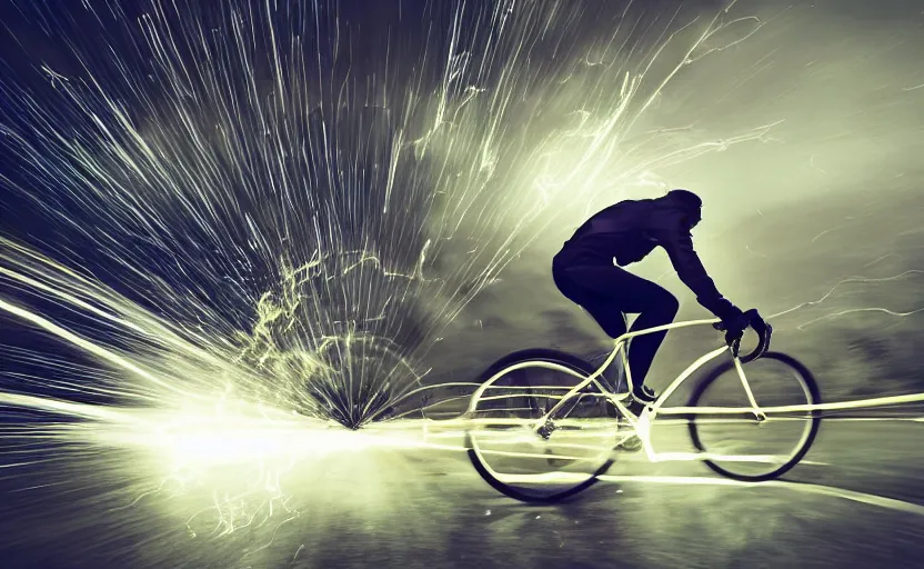 Prompt: a person on a high-tech bicycle with a rocket engine attached to the back, flames and fire shooting out the back, light trails and motion blur and sparks, stylized photo