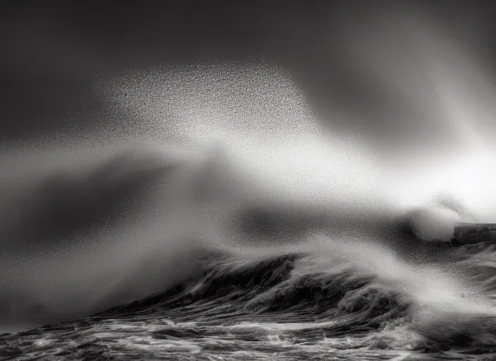 Prompt: a photo of a lighthouse in a storm at night. lonely, churning waves, splashing on lighthouse. warm lighting, long exposure