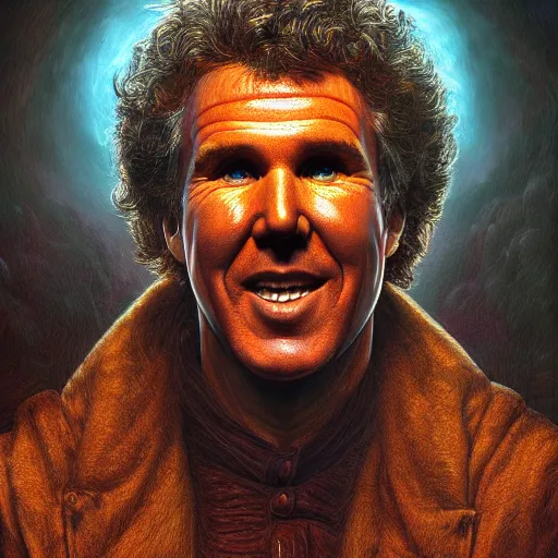 Image similar to Photorealistic will ferrel as the devil in the style of Michael Whelan and Gustave Dore. Hyperdetailed photorealism, 108 megapixels, amazing depth, glowing rich colors, powerful imagery, psychedelic Overtones, 3D finalrender, 3d shading, cinematic lighting, artstation concept art