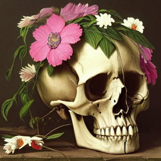 Image similar to a painting by Thomas Cole of a skull with flowers growing out, highly detailed 3d rendering from 1996