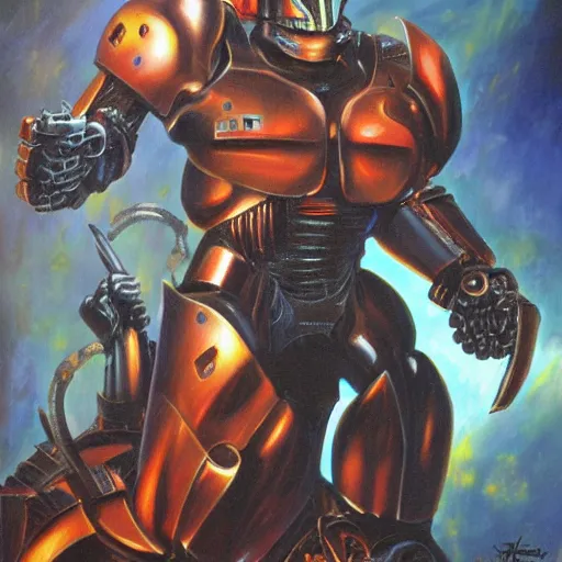 Image similar to robocop fighting demons in the underworld by jeff smith and julie bell, oil painting